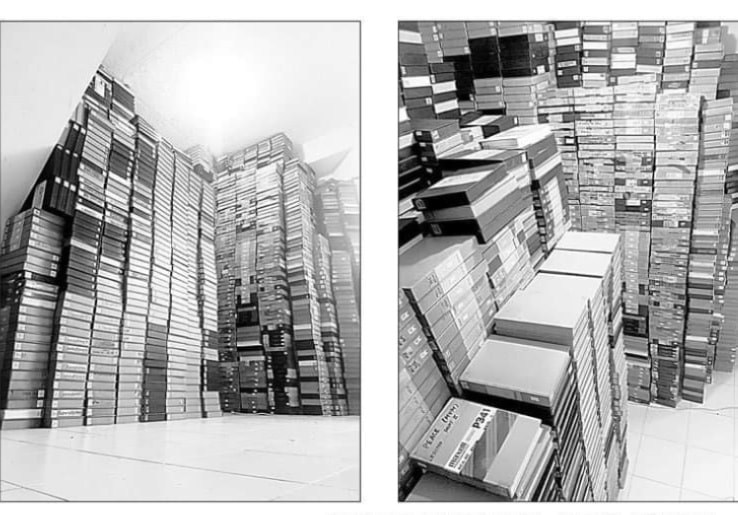 Thousands of U-matic tapes stacked floor to ceiling